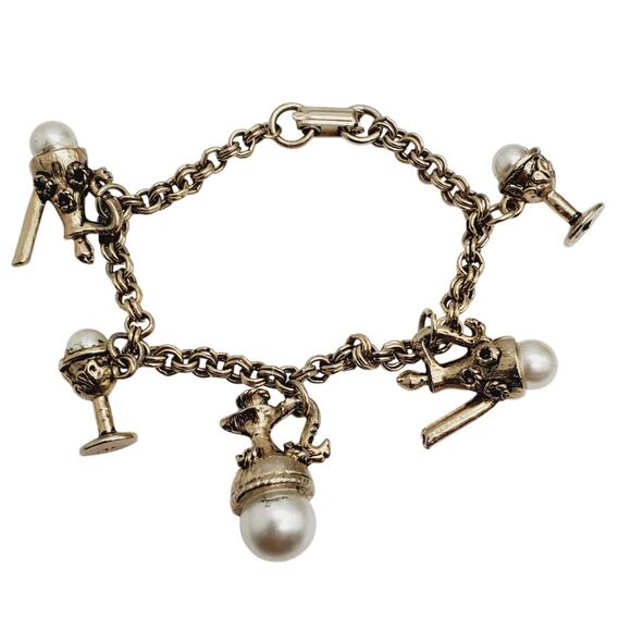 Faux Pearl Drinkware Fun Charm Bracelet Coffee Tea Pot Wine Silver Tone Link - Picture 2 of 8